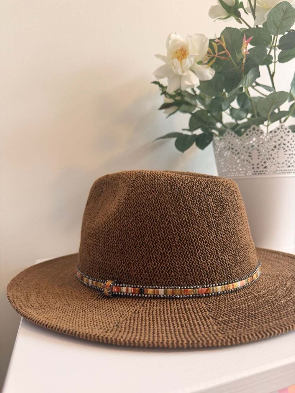 Anthropologie Knitted Panama Sun Hat with Multi-Thread and Rhinestone Trim Band - Picture 4 of 7